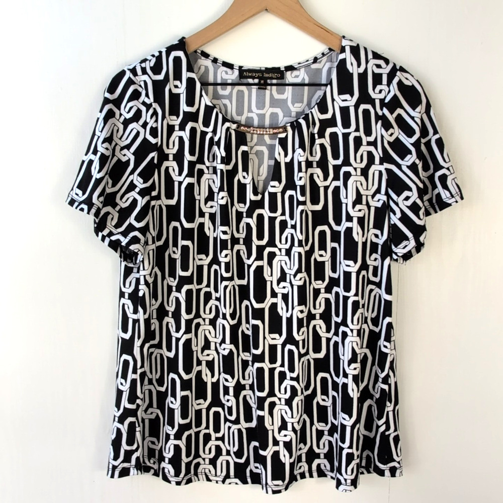 Always Indigo Womens XL Black White Geometric Chain Print Blouse Short Sleeve